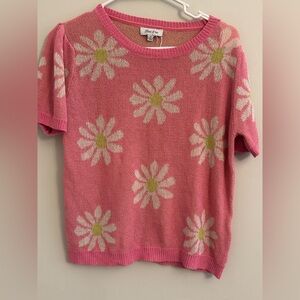 Pearl Moon Pink Daisy Short-Sleeve Crewneck Sweater